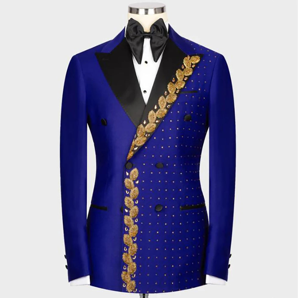 Costumes de mariage pour hommes, veste à revers et pantalon, 2 pièces, avec cristaux dorés et perles, smoking de marié, blazers croisés personnalisés 