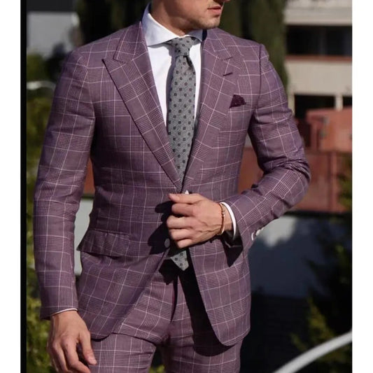 Wedding Suits For Men Slim Fit Purple Check Groom Tuxedo Dress Blazer Sets Custom Tuxedo 2 Pieces (Jacket+Pants)