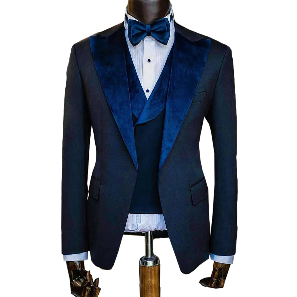 Costumes de mariage pour hommes, bleu marine, velours, marié, bal, soirée, affaires, blazer, smoking (veste, gilet, pantalon)