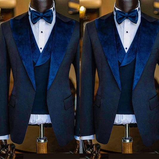 Wedding Suits for Men Navy Blue Velvet Groom Prom Party Business Blazer Coat Tuxedo (Jacket+Vest+Pants)