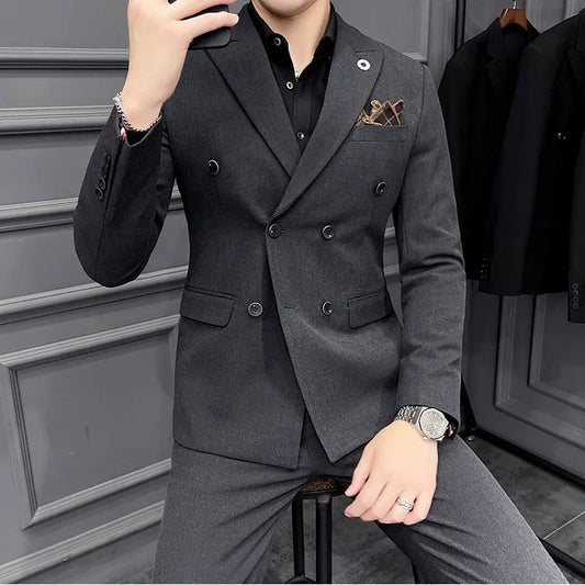 Men's Double Breasted Gray Suit Set with Black Dress Shirt and Pocket Square