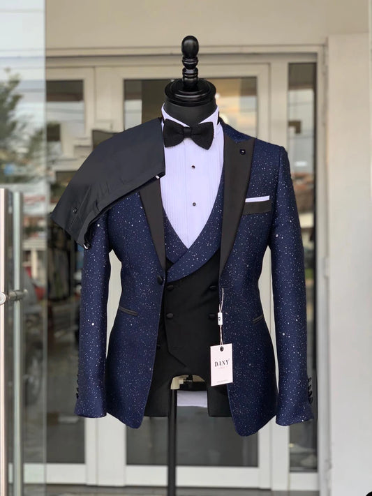 Stylish Men's Wedding Tuxedo Suit with Shimmering Fabric, Peaked Lapel, One Button, Customizable Coat, Vest, and Pants for Formal Occasions