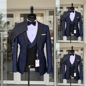 Smoking de mariage élégant pour homme avec tissu brillant, revers pointus, fermeture à un bouton, ensemble manteau et gilet personnalisables, tenue formelle parfaite pour les occasions spéciales