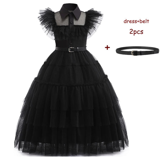 3pcs Gothic Black Dress with Belt and Wig Set for Women