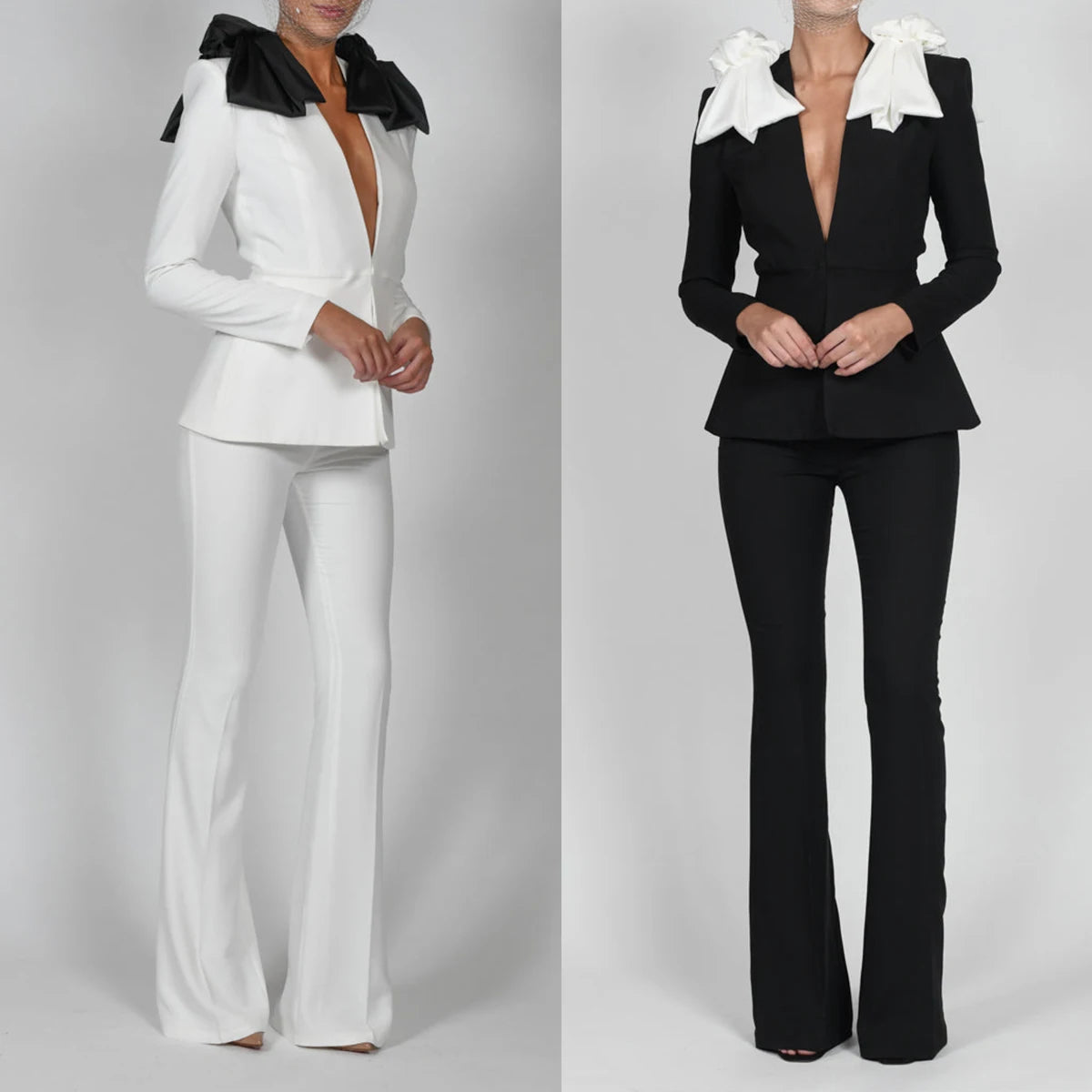 Trajes de pantalón blanco y negro para mujer, chaqueta a medida con lazo grande, ropa de fiesta para celebridades, 2 piezas 