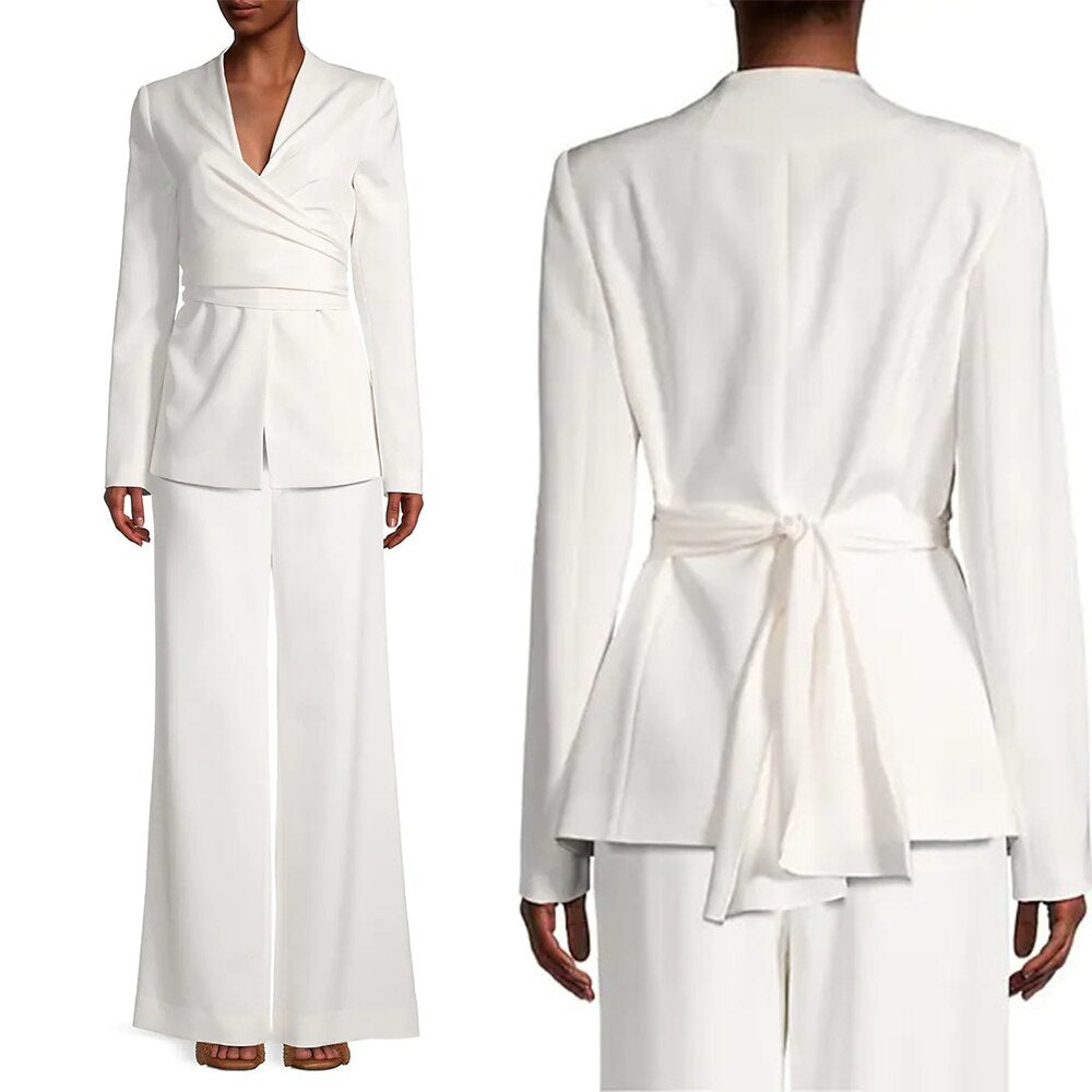 White Bridal Wedding Tuxedos Pleats Women 2 Pieces Loose Leg Pants Suits Mother of the Bride Guest Formal Wear Coat Jacket