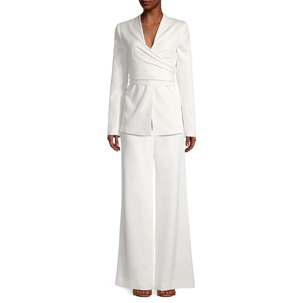 Esmoquin de boda blanco con pliegues para mujer, 2 piezas, pantalones holgados, trajes para madre de la novia, ropa formal para invitadas, abrigo y chaqueta. 
