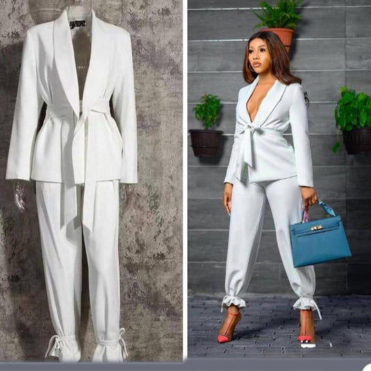 White Bridal Women Suits With Belt Bride Party Prom Tuxedos Blazer Leisure Outfit Suit (Jacket+Pants)