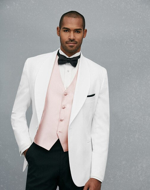 White Coat Pink Vest Wedding Slim Fit Men Suits 3Pc Jacket+Pants+Vest Shawl Lapel Prom Blazer Trousers