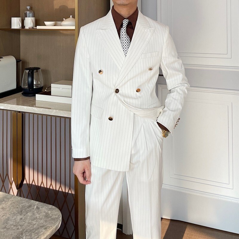 Costume blanc croisé de créateur britannique deux pièces pour mariage, costume de marié, costume de banquet pour homme, coupe cintrée, costume homme mariage 