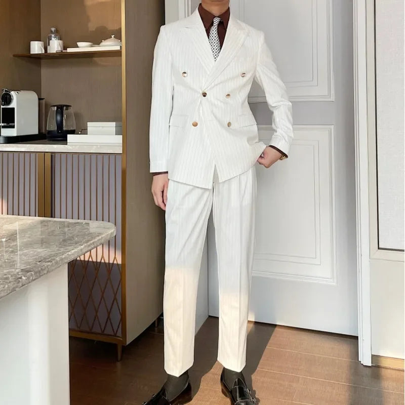 Men's Double Breasted White Pinstripe Suit Two Piece Set