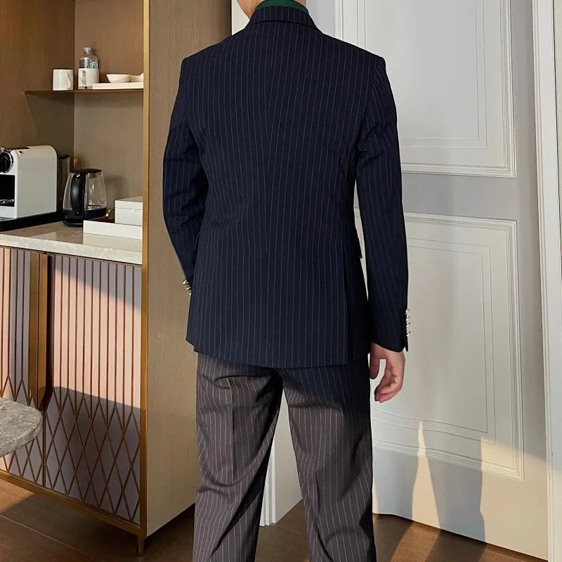 Costume croisé blanc à fines rayures pour homme, ensemble deux pièces