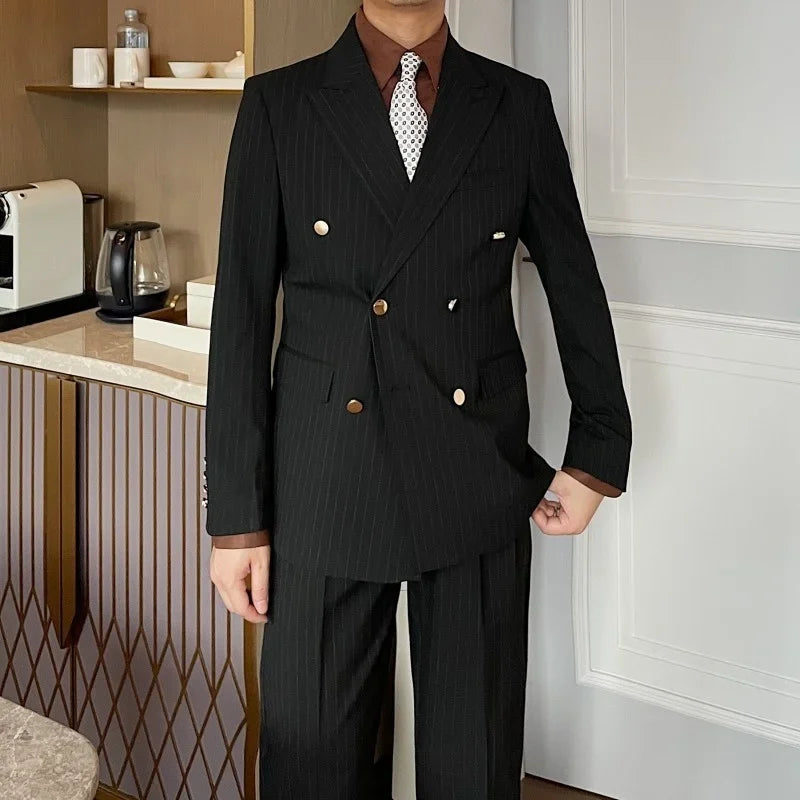 Costume croisé blanc à fines rayures pour homme, ensemble deux pièces