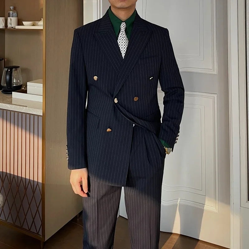 Costume croisé blanc à fines rayures pour homme, ensemble deux pièces
