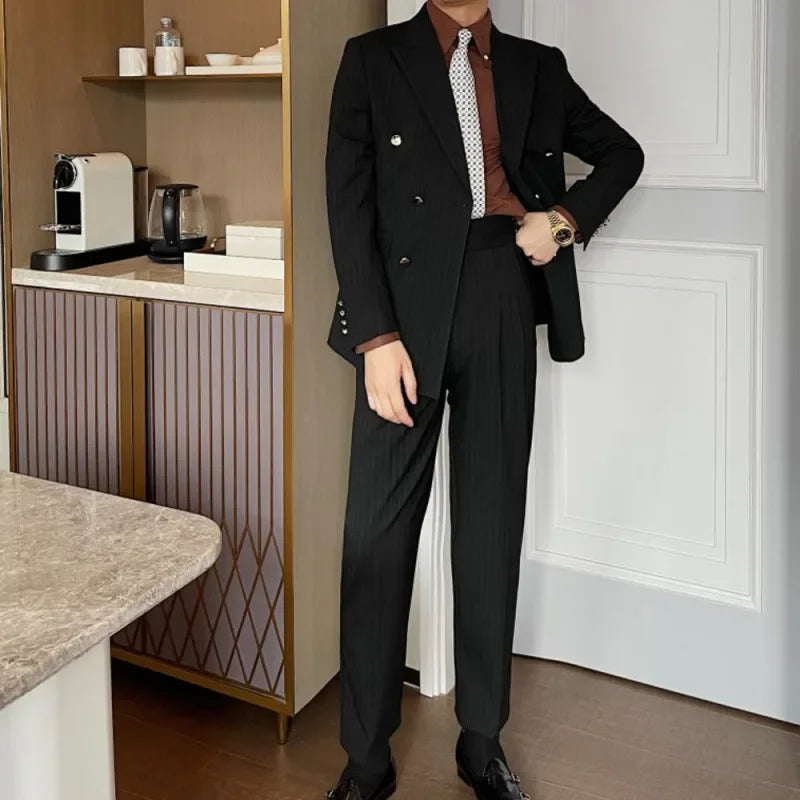 Costume croisé blanc à fines rayures pour homme, ensemble deux pièces