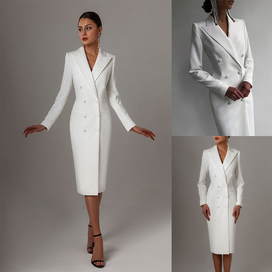 White Double Breasted Long Jacket Suits Women Ladies Prom Evening Guest Formal Wear Custom Made