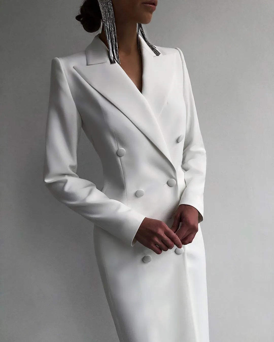 Veste longue blanche à double boutonnage pour femme, tenue de soirée sur mesure 