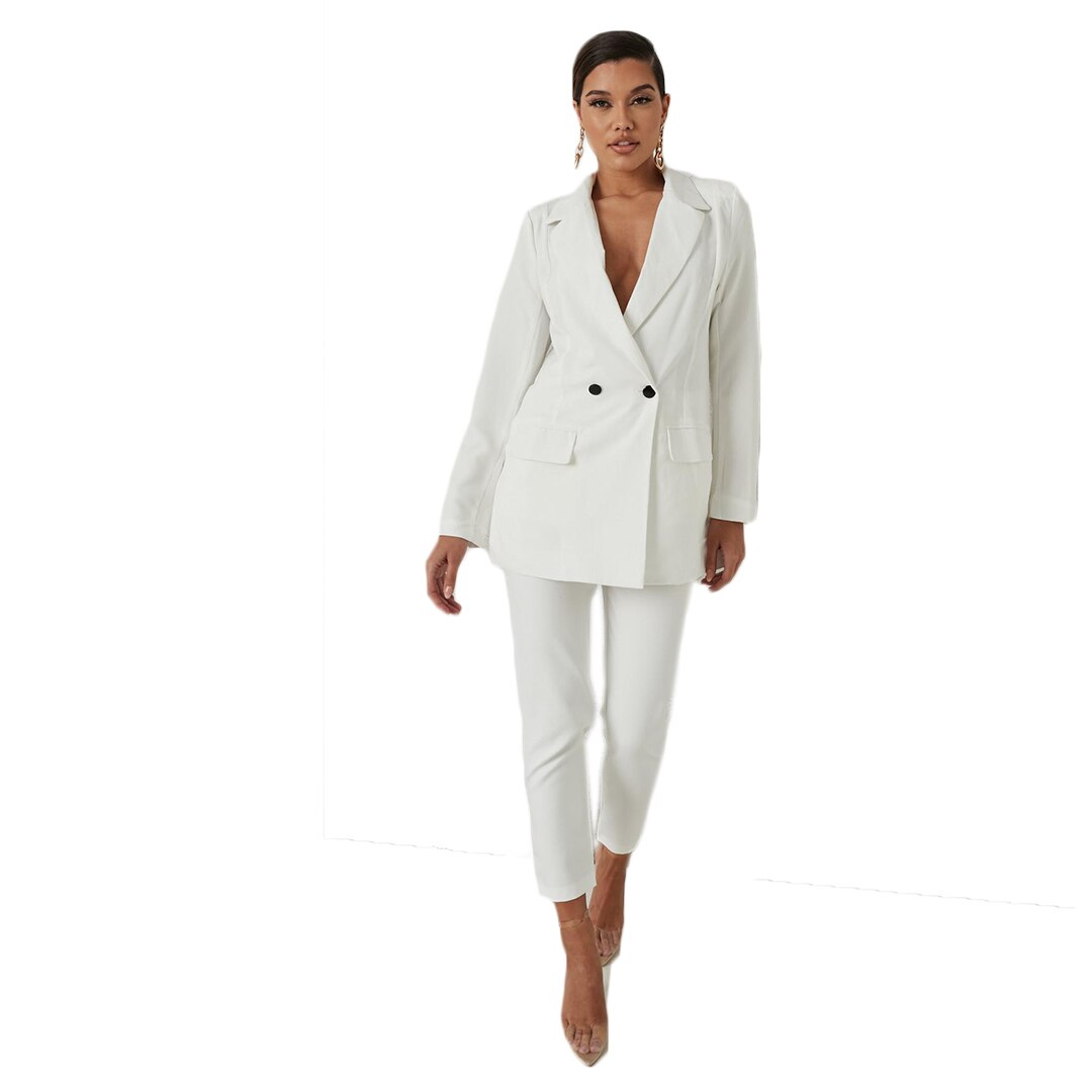 Trajes de pantalón cruzado blanco para mujer, para madre, celebridad, alfombra roja, blazer, fiesta de graduación, boda (chaqueta + pantalón) 