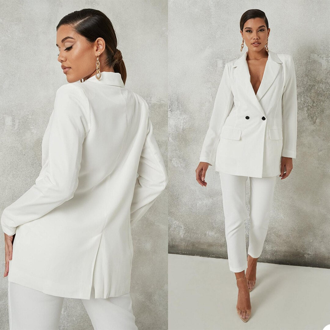 Trajes de pantalón cruzado blanco para mujer, para madre, celebridad, alfombra roja, blazer, fiesta de graduación, boda (chaqueta + pantalón) 