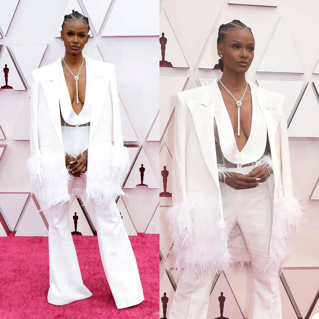 Trajes de plumas blancas para mujer, talla grande, para celebridades, con pantalón ancho, para fiesta de graduación y boda (chaqueta y pantalón) 