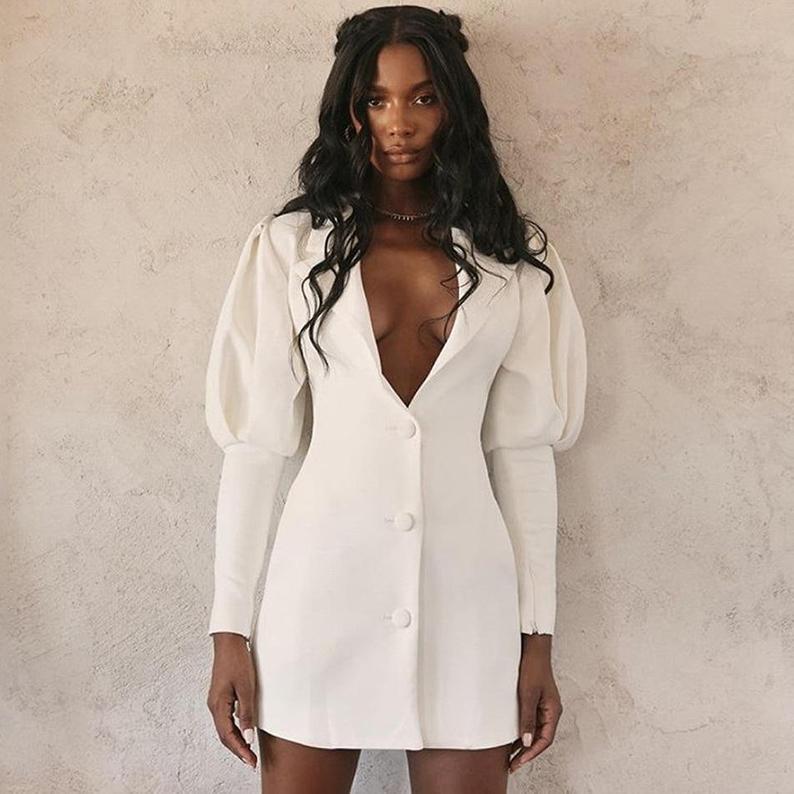White Flared Sleeve Blazer Dress Suits V Neck Bride Wedding Outfits Leisure Mini Short Evening Party Wear Only One Piece
