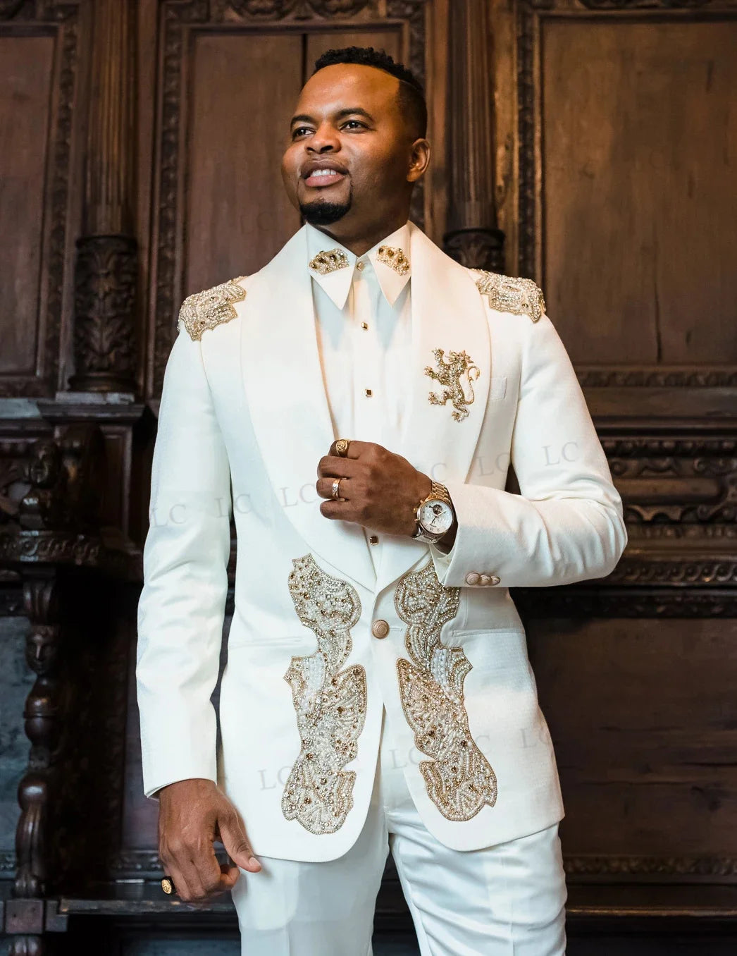 Costume de marié 2 pièces pour homme, avec appliques en or blanc et perles, blazer et pantalon, smoking à un bouton, formel, travail, bal, grande taille, sur mesure