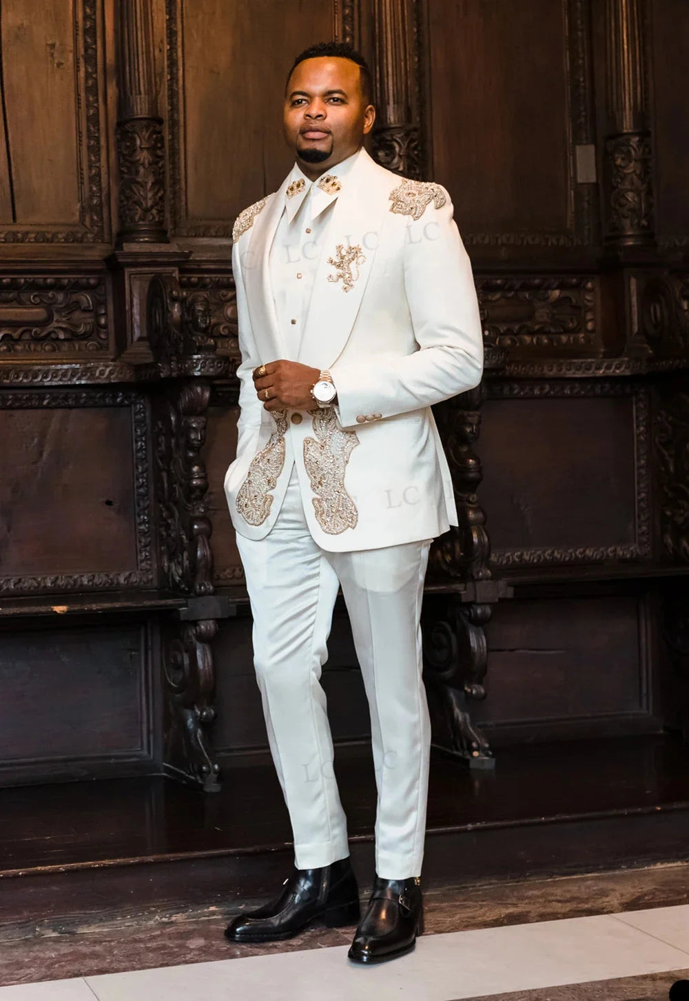 Costume de marié 2 pièces pour homme, avec appliques en or blanc et perles, blazer et pantalon, smoking à un bouton, formel, travail, bal, grande taille, sur mesure
