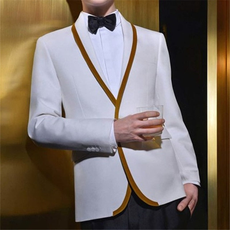 Trajes de hombre con ribete dorado blanco, estilo veraniego, 2 piezas (chaqueta, pantalón y corbata), trajes de boda entallados para hombre, esmoquin para novio, blazer. 