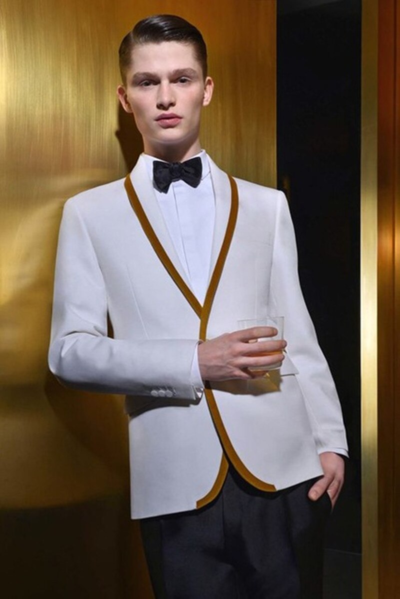 Trajes de hombre con ribete dorado blanco, estilo veraniego, 2 piezas (chaqueta, pantalón y corbata), trajes de boda entallados para hombre, esmoquin para novio, blazer. 