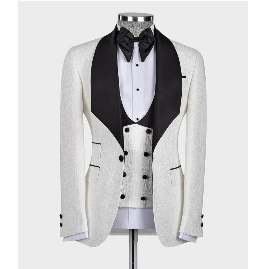 Costume de mariage blanc pour homme, coupe slim, veste de smoking, gilet et pantalon noir, tenue de soirée formelle pour homme d'affaires 