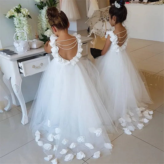 Girls White Flower Embellished Tulle Dress with Cascading Ruffled Straps and Train