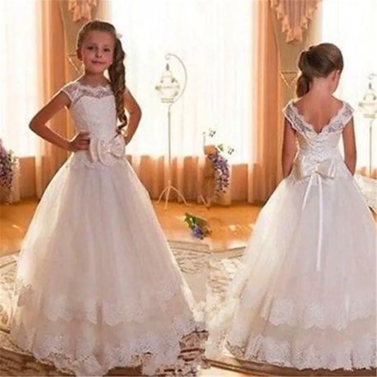 Girls White Lace Cap Sleeve Flower Girl Dress with Bow Belt and Full Tulle Skirt