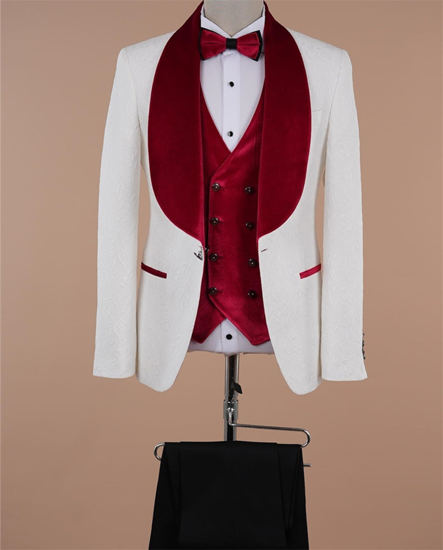 Costume de marié 3 pièces en velours bordeaux et jacquard blanc, veste, gilet, pantalon, tenue de soirée, pour homme, hiver/automne 