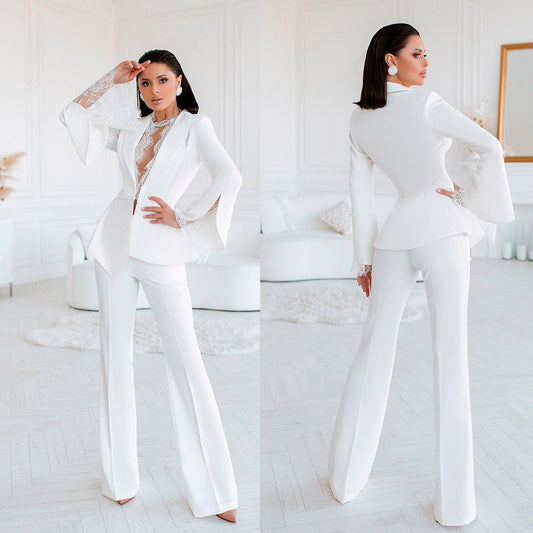 White Lace Wedding Tuxedos Women Lady Long Sleeve Jacket Coat Suits Women Casual Wide Leg Trousers Set