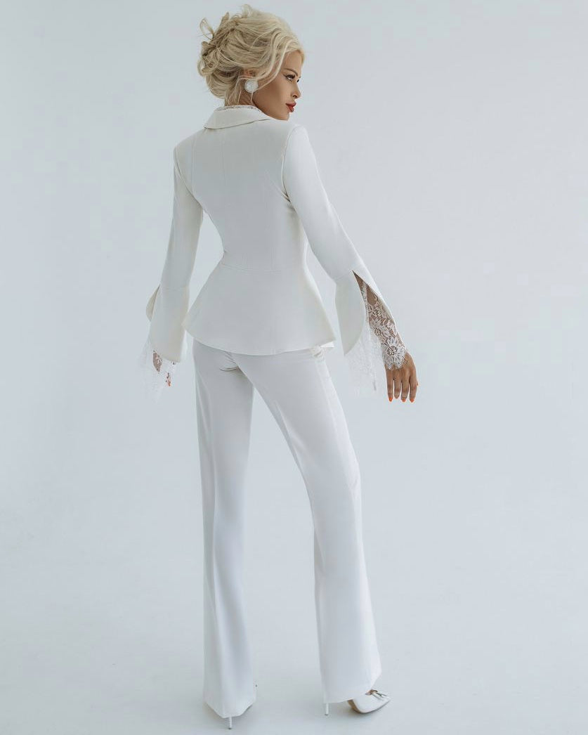 White Lace Women Wedding Tuxedos Lady Long Sleeve Jacket Coat Suits Casual Slim Fit Trousers Set