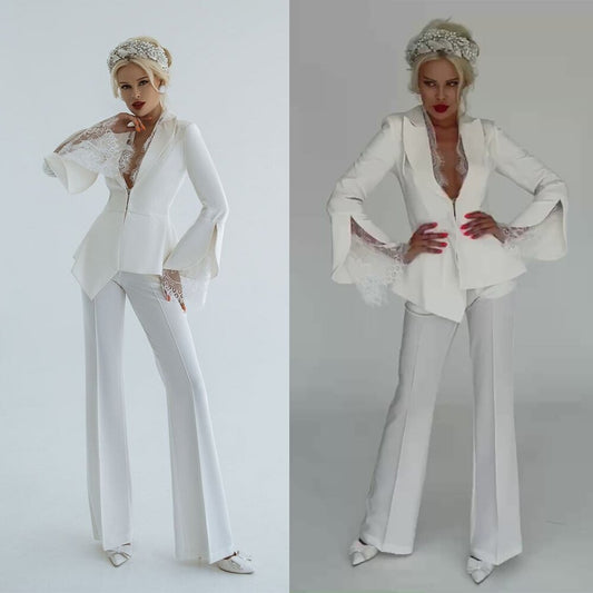 White Lace Women Wedding Tuxedos Lady Long Sleeve Jacket Coat Suits Casual Slim Fit Trousers Set