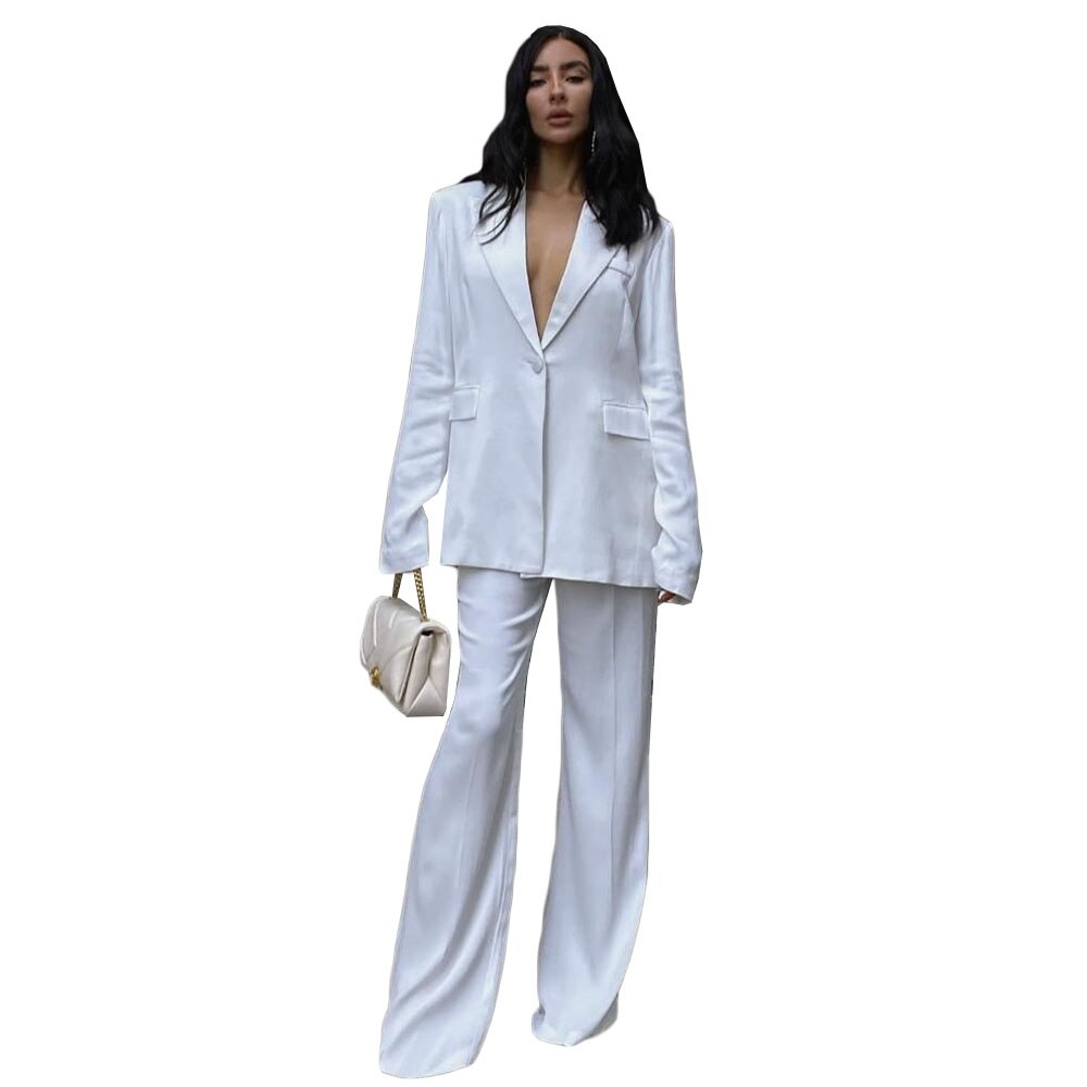 Trajes de pantalón blanco de ocio para mujer para boda, sexy, holgado, de manga larga, para noche, 2 piezas 