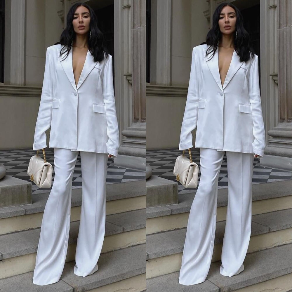 Trajes de pantalón blanco de ocio para mujer para boda, sexy, holgado, de manga larga, para noche, 2 piezas 