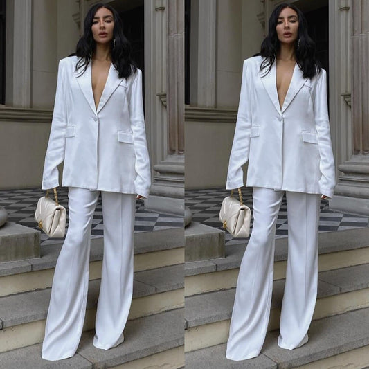 White Leisure Women Pants Suits For Wedding  Women Sexy Loose Long Sleeve Evening Wear 2 Pieces