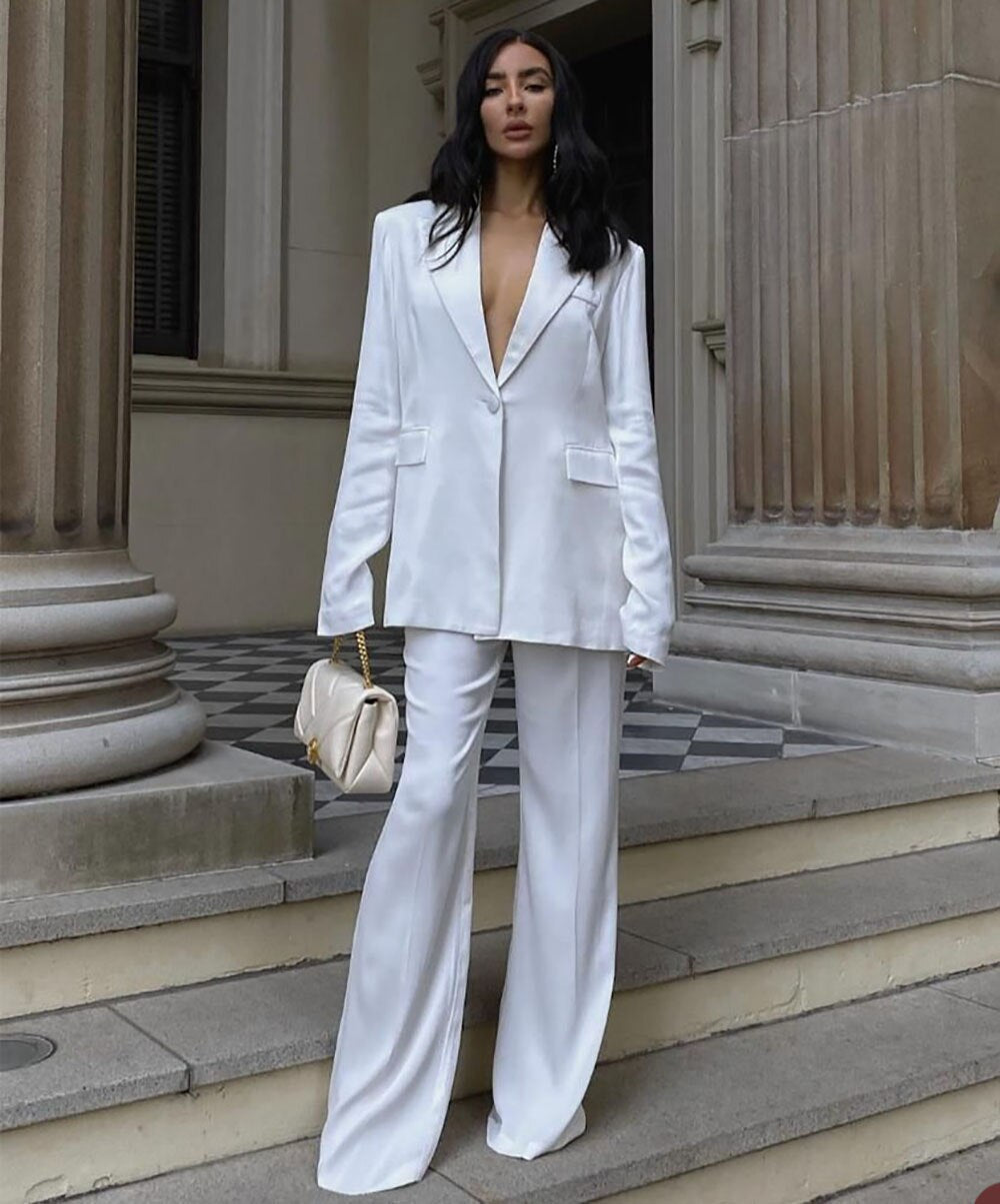 Trajes de pantalón blanco de ocio para mujer para boda, sexy, holgado, de manga larga, para noche, 2 piezas 