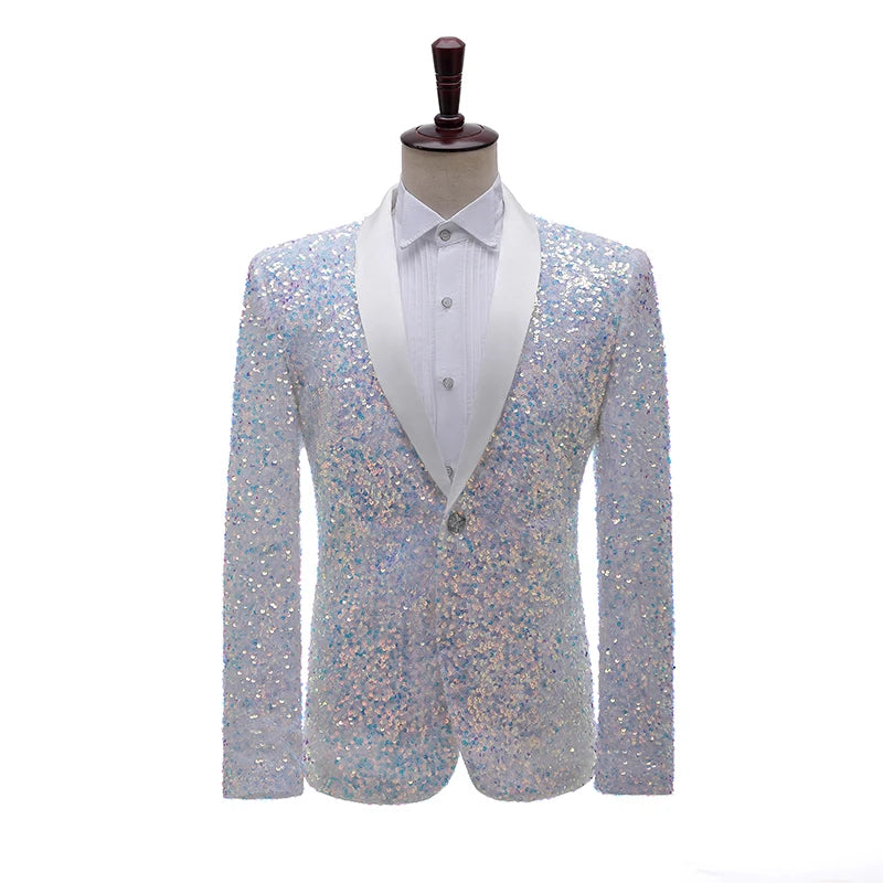 Blazer blanc à paillettes pour homme, tenue de scène, costume de bal