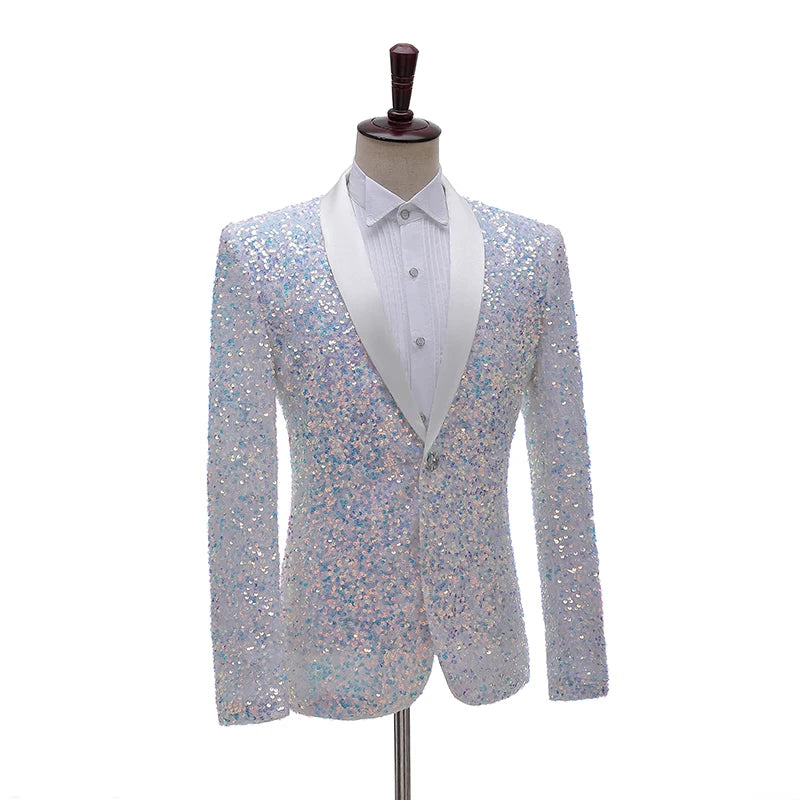 Blazer blanc à paillettes pour homme, tenue de scène, costume de bal