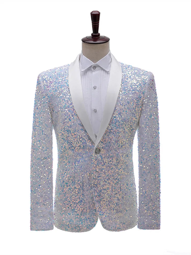 Blazer blanc à paillettes pour homme, tenue de scène, costume de bal