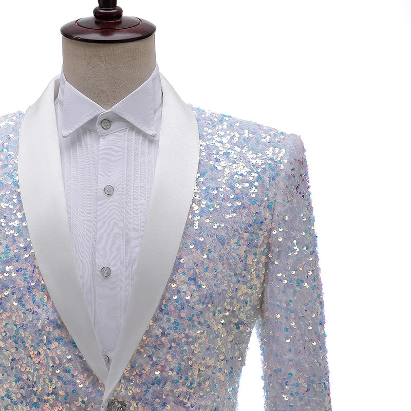 Blazer blanc à paillettes pour homme, tenue de scène, costume de bal