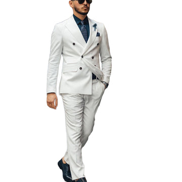 White Men Suit 2 Pieces Slim Fit Tailor-Made Fashion Lapel Double Breasted Blazer Pants Wedding Work Wear Prom Causal Tailored