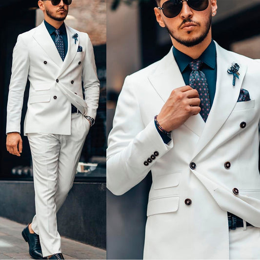 White Men Suit 2 Pieces Slim Fit Tailor-Made Fashion Lapel Double Breasted Blazer Pants Wedding Work Wear Prom Causal Tailored