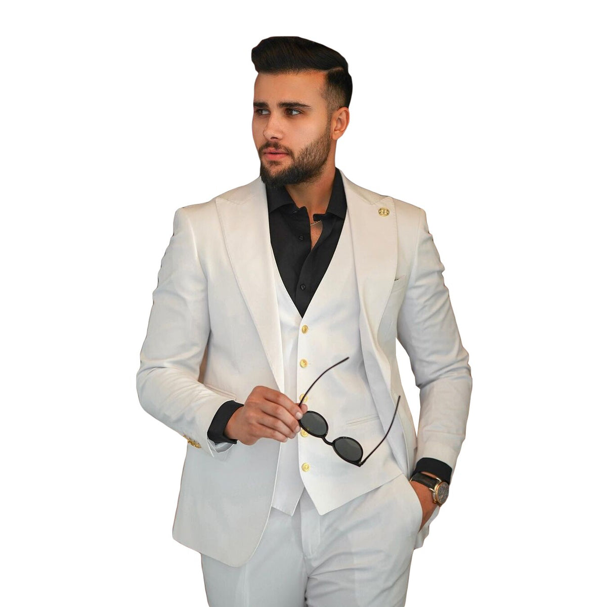 Esmoquin blanco de 3 piezas para boda, con solapa de pico, para fiesta de cumpleaños, conjunto de pantalón y chaqueta (chaqueta, chaleco y pantalón)