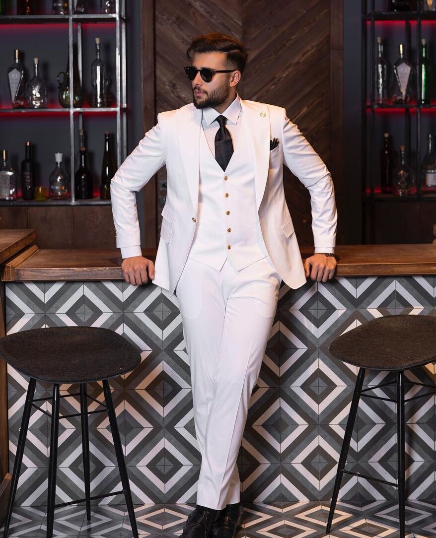Esmoquin blanco de 3 piezas para boda, con solapa de pico, para fiesta de cumpleaños, conjunto de pantalón y chaqueta (chaqueta, chaleco y pantalón)