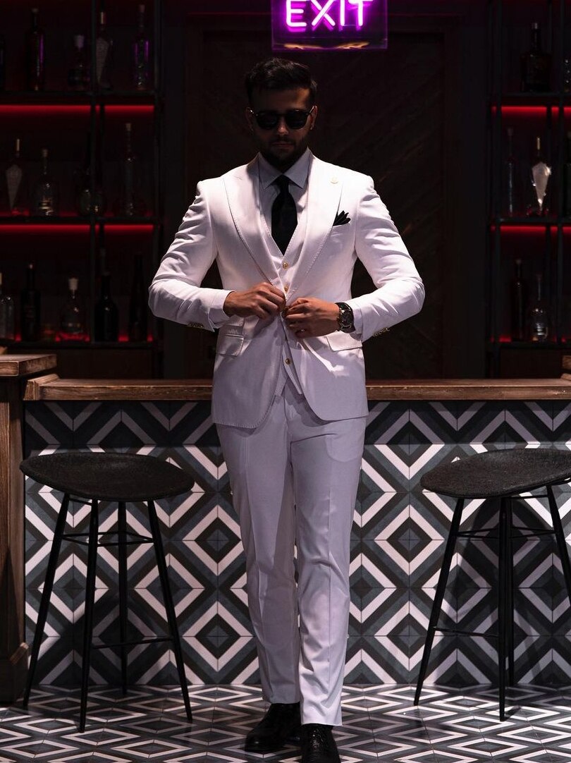Esmoquin blanco de 3 piezas para boda, con solapa de pico, para fiesta de cumpleaños, conjunto de pantalón y chaqueta (chaqueta, chaleco y pantalón)