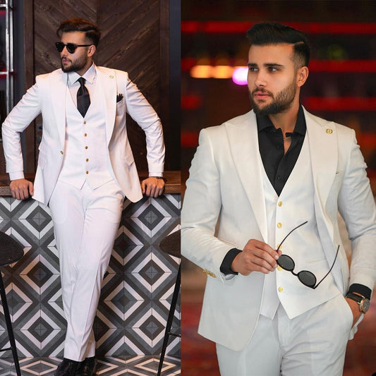 White Men Wedding Tuxedos 3 Pieces Peaked Lapel Birthday Party Man Outfits Wedding Pants Sets (Jacket+Vest+Pants)